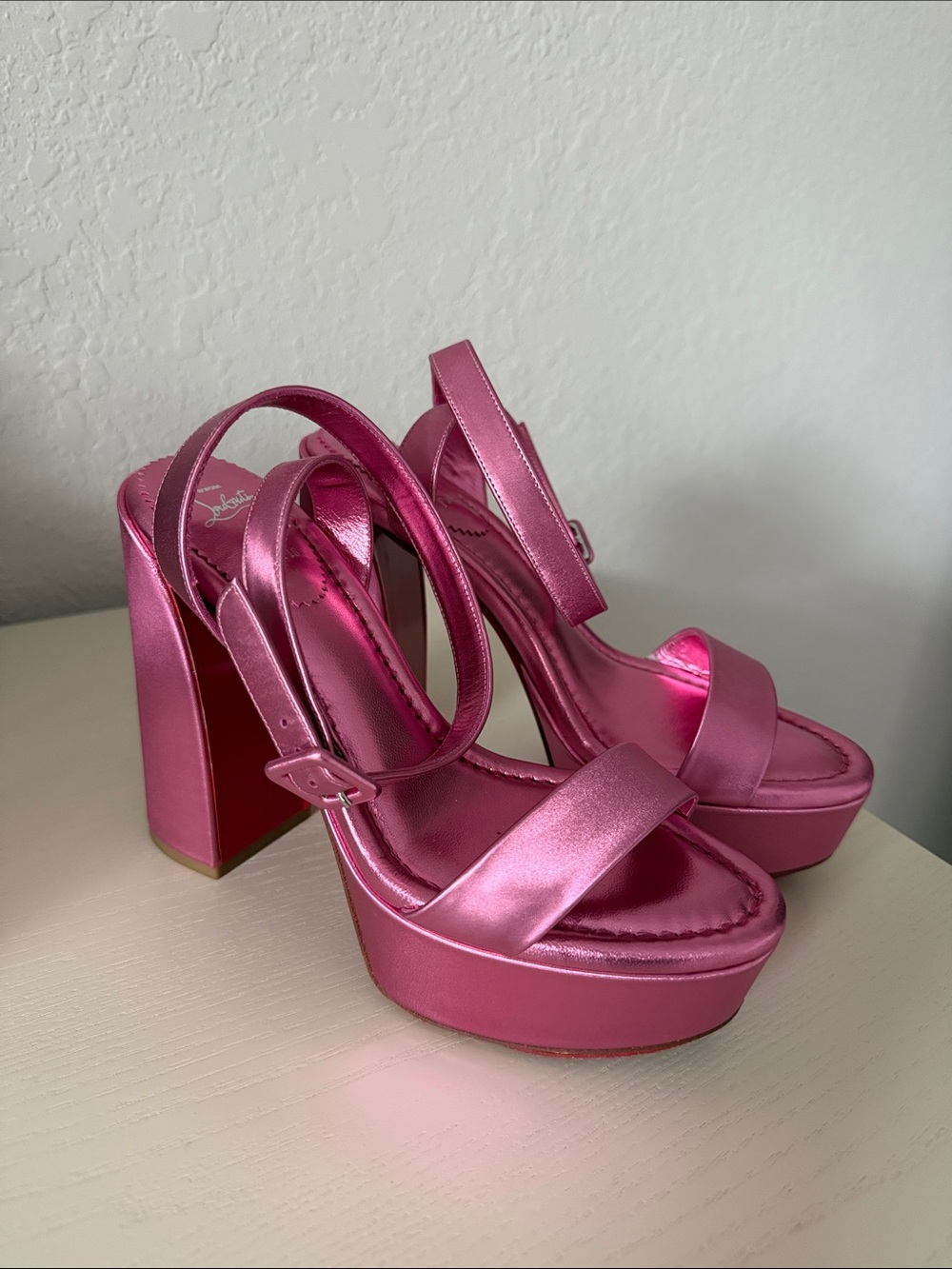 Christian Louboutin Metallic Pink Platform Block Heels Movida Sabina